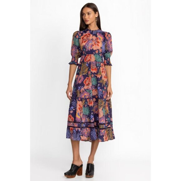 $598 NWT Johnny Was Jade Silk Blend DAPHNE TEA Tiered Ruffles Midi DRESS Size XS - Picture 2 of 16